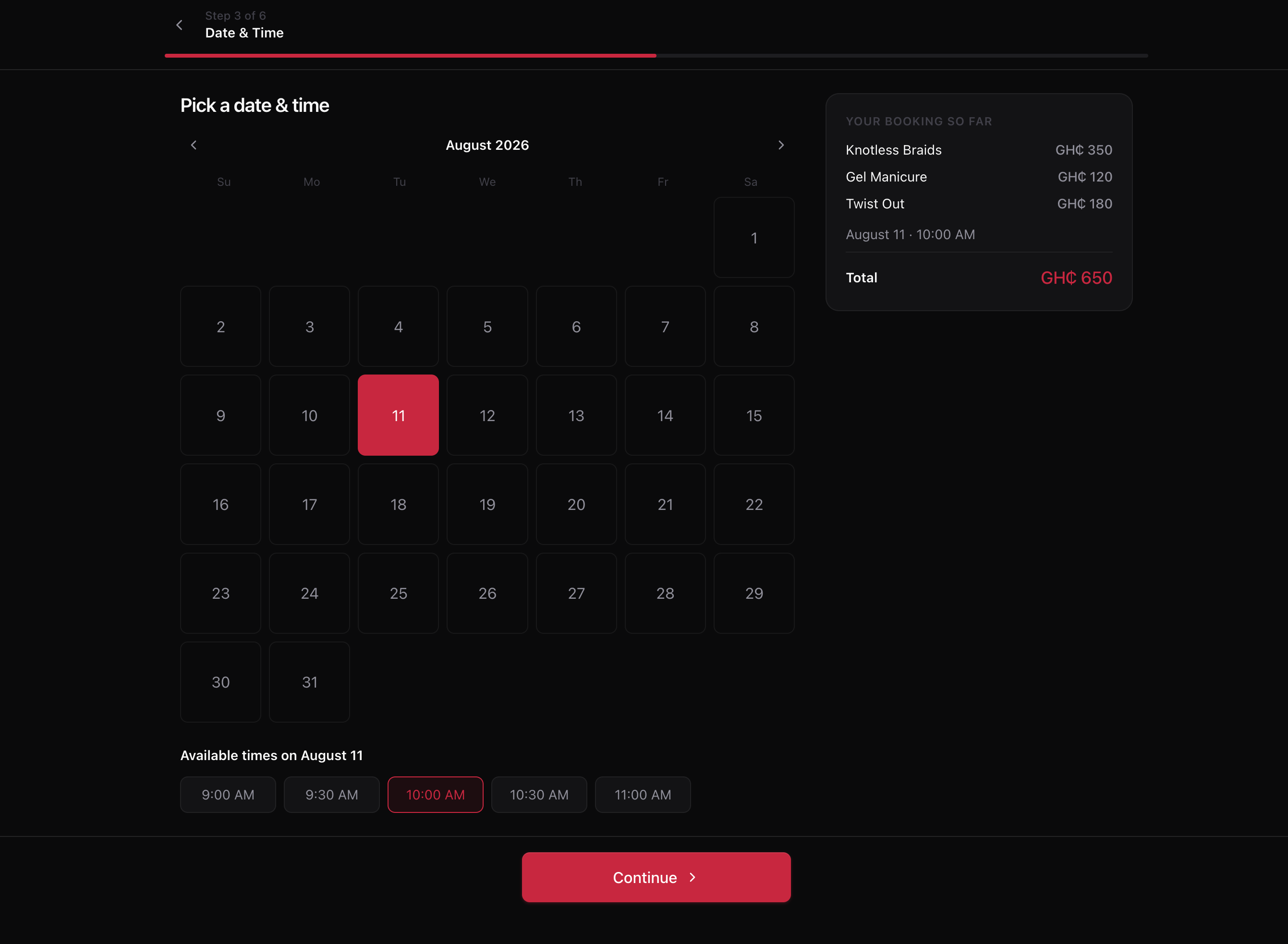 Picking a date and time on the booking flow, with real open slots